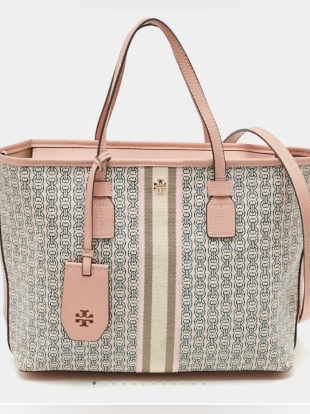 Tory Burch Beige Monogram Canvas Tote with Pink